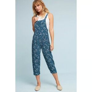 Anthropologie Maeve Tidal Pools Blue Cropped Jumpsuit Overalls Rayon XL X-LARGE